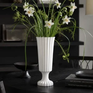 Hand-Made Ribbed Matte White Flared Ceramic Vase in ivory — front view