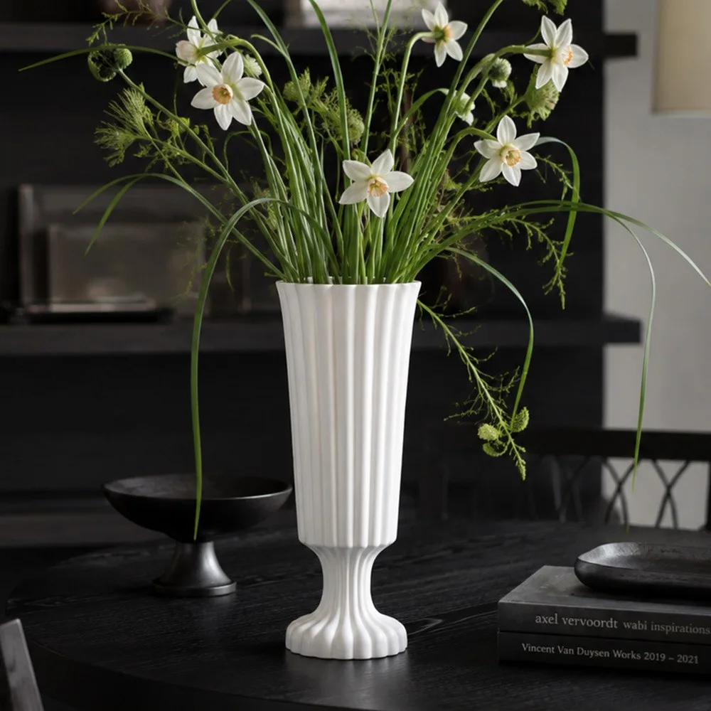 Hand-Made Ribbed Matte White Flared Ceramic Vase in ivory — front view