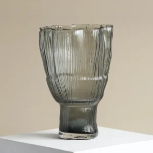 Ribbed Smoked Grey Glass Vase with Torn Rim in slate — front view