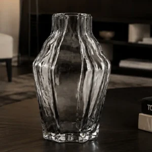Designer Ribbed Smoked Glass Vase in slate — front view