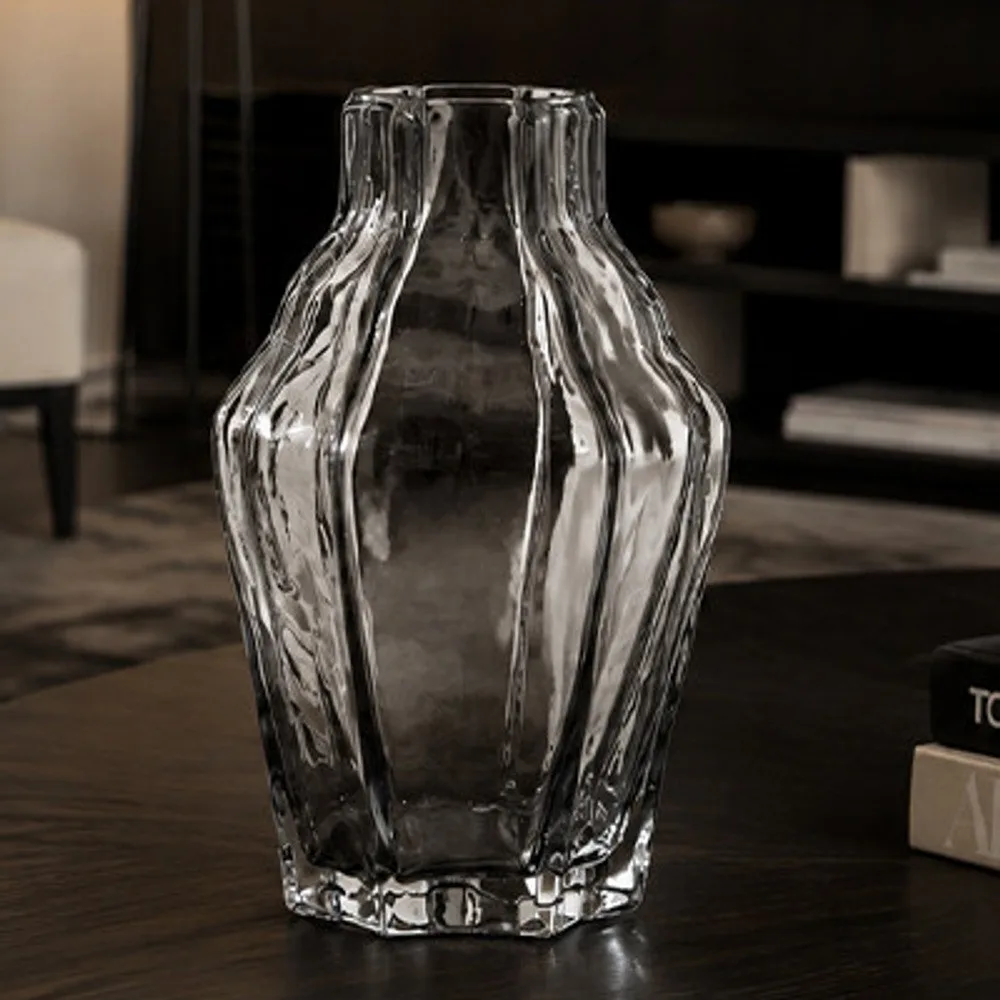 Designer Ribbed Smoked Glass Vase in slate — front view