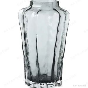 Designer Ribbed Smoked Glass Vase in slate — in a room setting