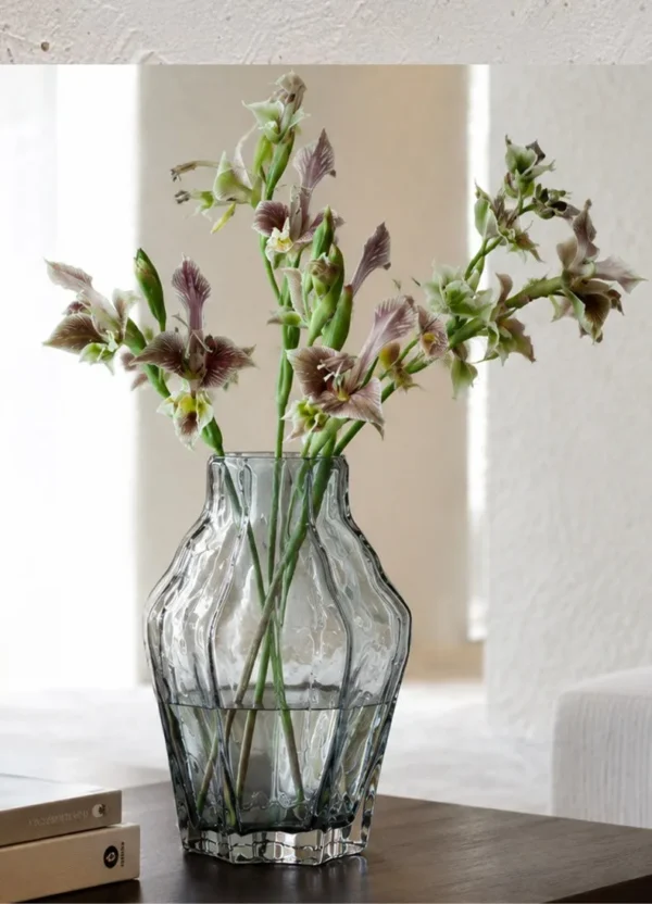 Designer Ribbed Smoked Glass Vase in slate — in a room setting