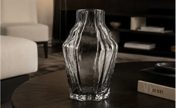 Designer Ribbed Smoked Glass Vase in slate — in a room setting