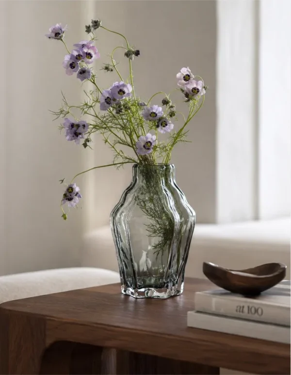 Designer Ribbed Smoked Glass Vase in slate — in a room setting