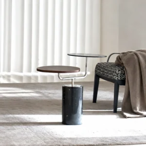 Mid-Century Two-Tier Side Table on Black Marble Base in black — front view