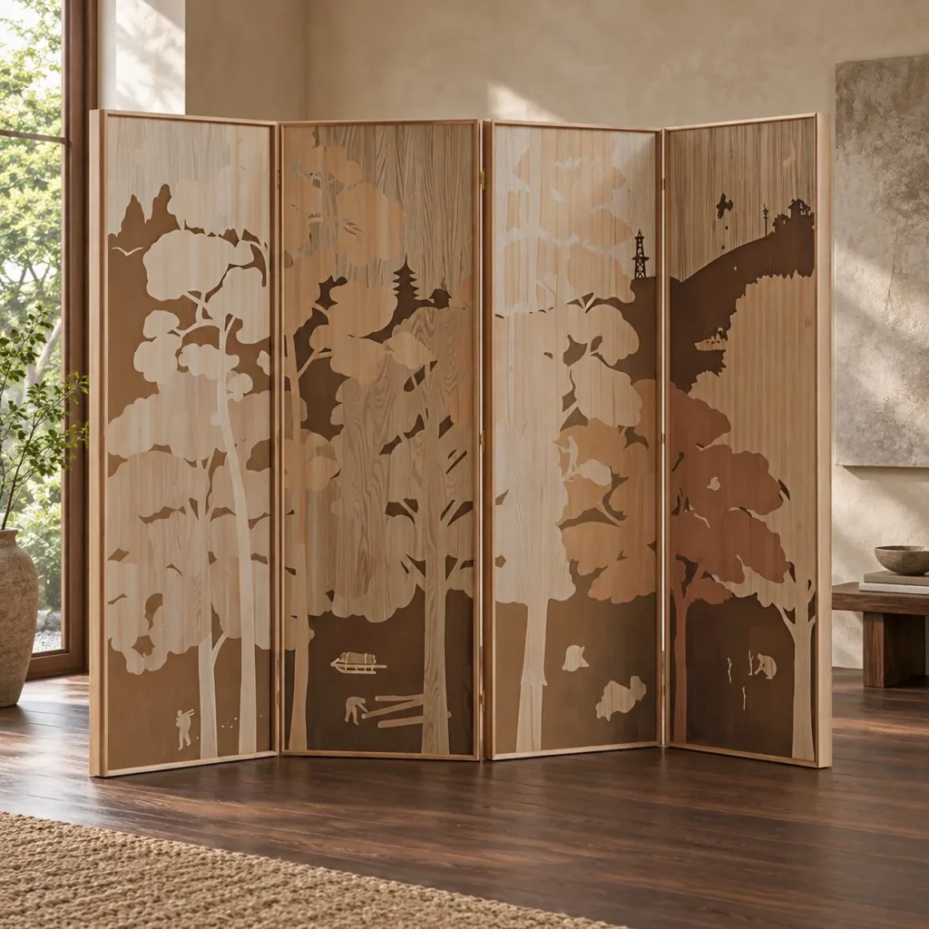 Natural Veneer Forest Marquetry Four-Panel Screen in natural oak — front view