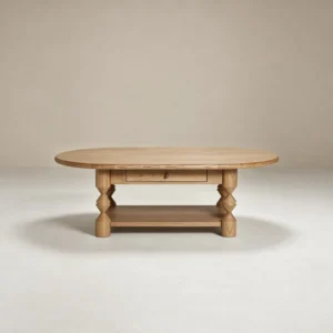 Ridge Carved Oval Ash Coffee Table with Drawer and Shelf in natural oak — front view