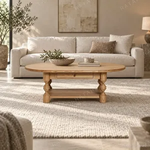 Ridge Carved Oval Ash Coffee Table with Drawer and Shelf in natural oak — in a room setting