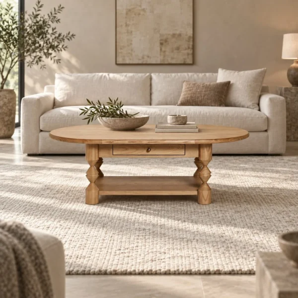 Ridge Carved Oval Ash Coffee Table with Drawer and Shelf in natural oak — in a room setting