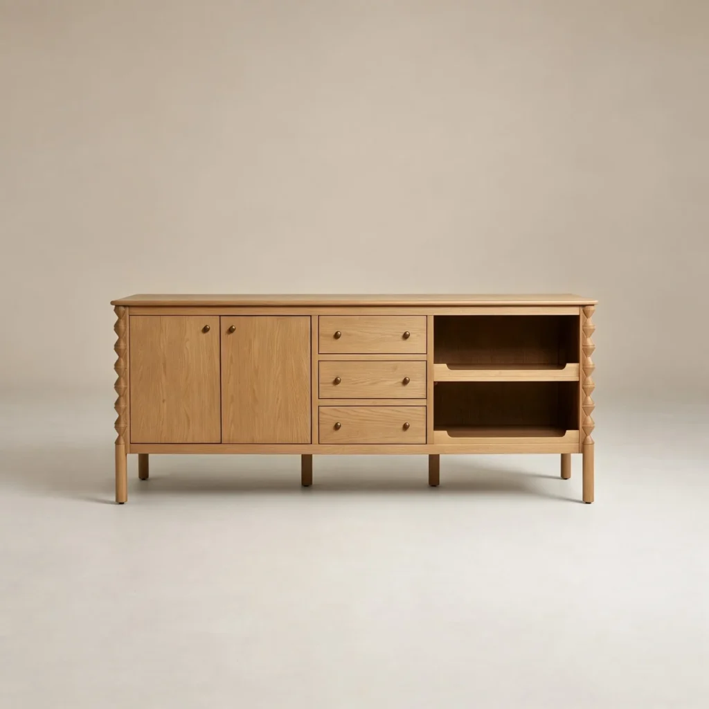 Ridge-Carved Oak Sideboard with Open Shelf in natural oak — front view