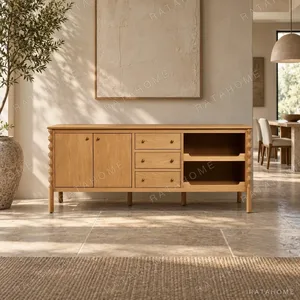 Ridge-Carved Oak Sideboard with Open Shelf in natural oak — in a room setting