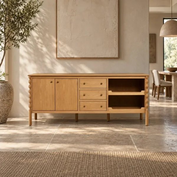 Ridge-Carved Oak Sideboard with Open Shelf in natural oak — in a room setting