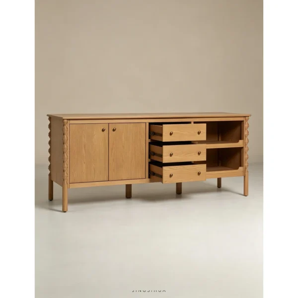Ridge-Carved Oak Sideboard with Open Shelf in natural oak — in a room setting