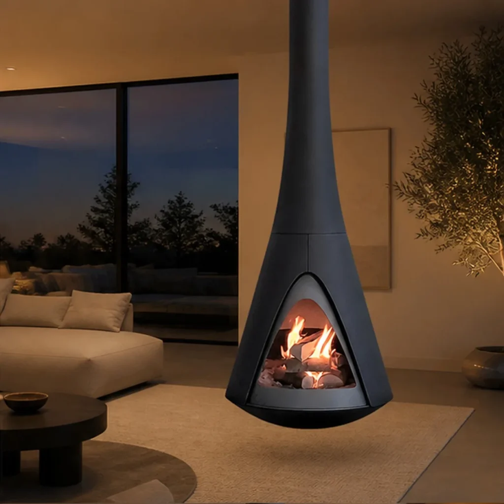 Rikhard Suspended Cone Fireplace with Arched Glass Door in black — front view