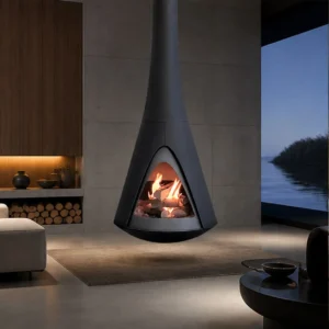 Rikhard Suspended Cone Fireplace with Arched Glass Door in black — in a room setting