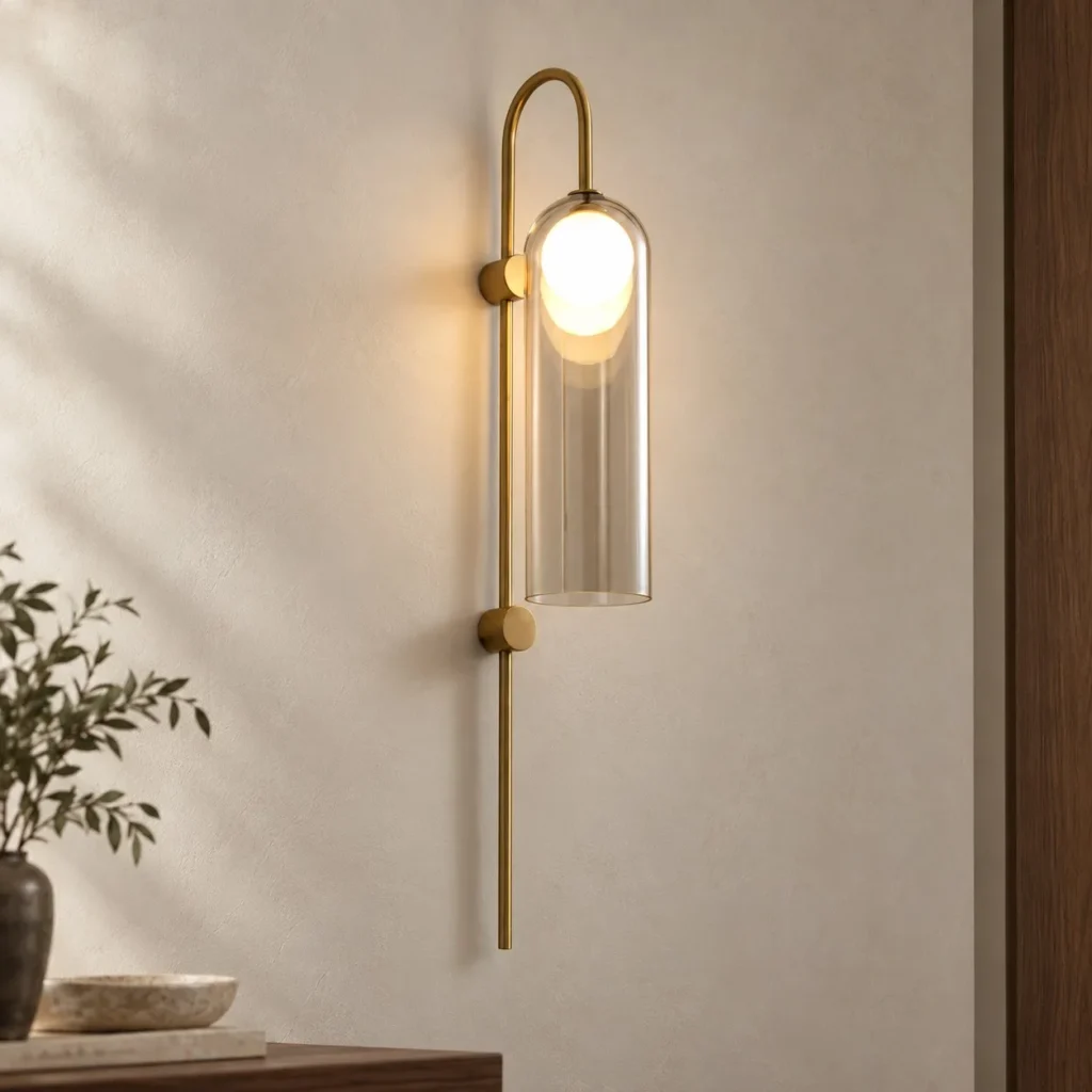 Brass Hook Wall Light with Clear Glass Cylinder Shade in brushed brass — front view