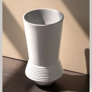 Ring-Stacked Waisted White Ceramic Vase in ivory — front view
