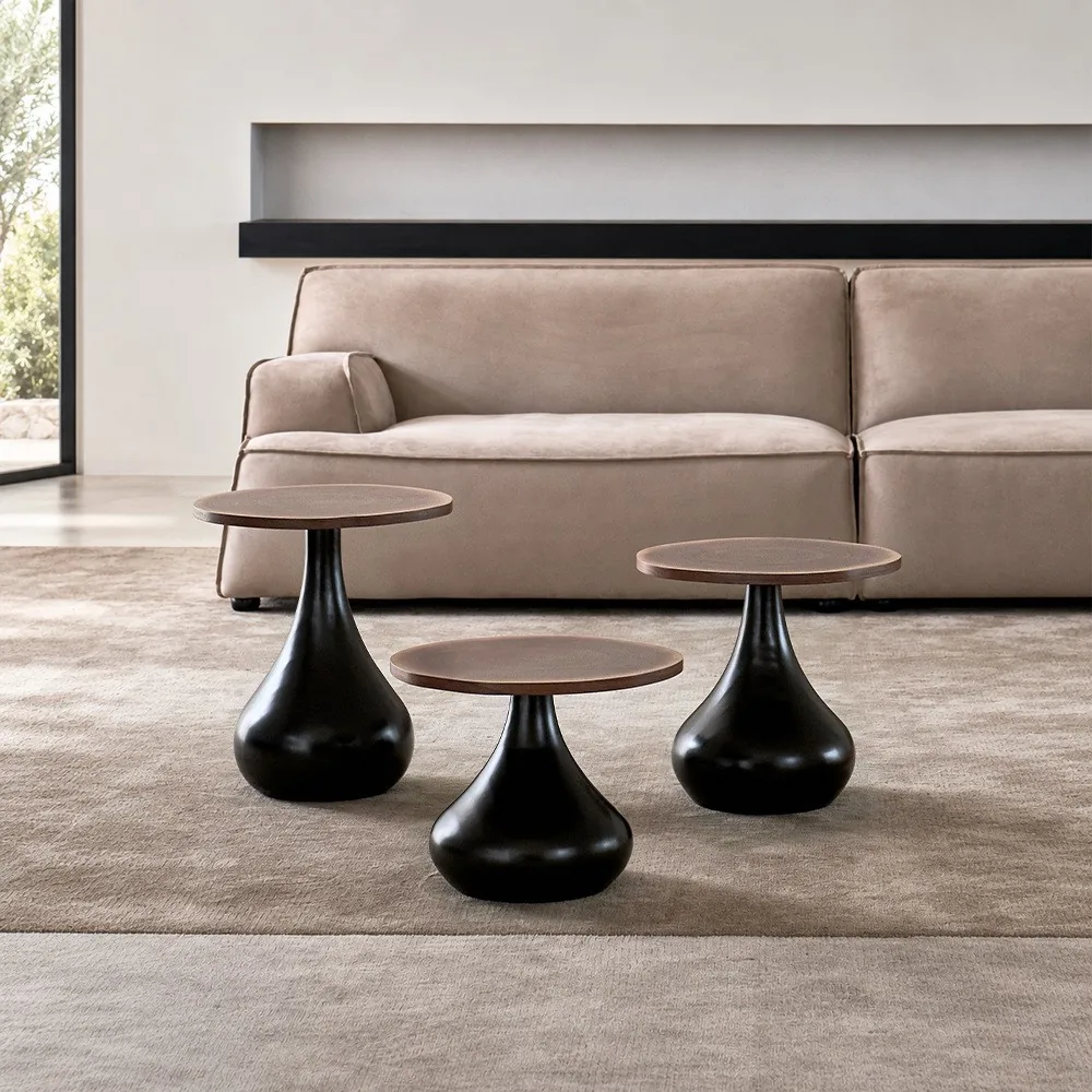 Rio Water Drop Side Tables in Black Walnut, Set of Three — front view