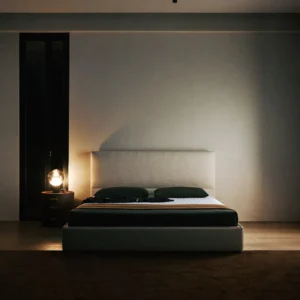 Robin Slim Italian Bed for Compact Bedrooms in oatmeal — front view