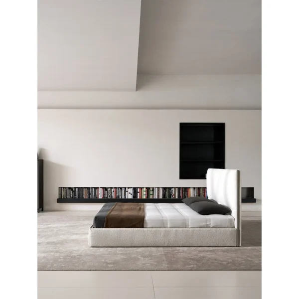 Robin Slim Italian Bed for Compact Bedrooms in oatmeal — in a room setting