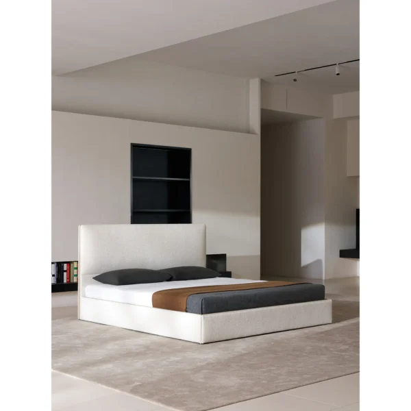 Robin Slim Italian Bed for Compact Bedrooms in oatmeal — in a room setting