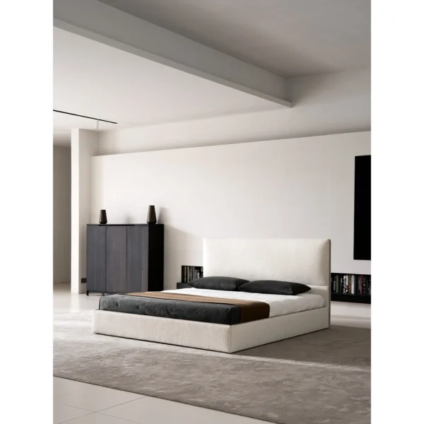 Robin Slim Italian Bed for Compact Bedrooms in oatmeal — in a room setting