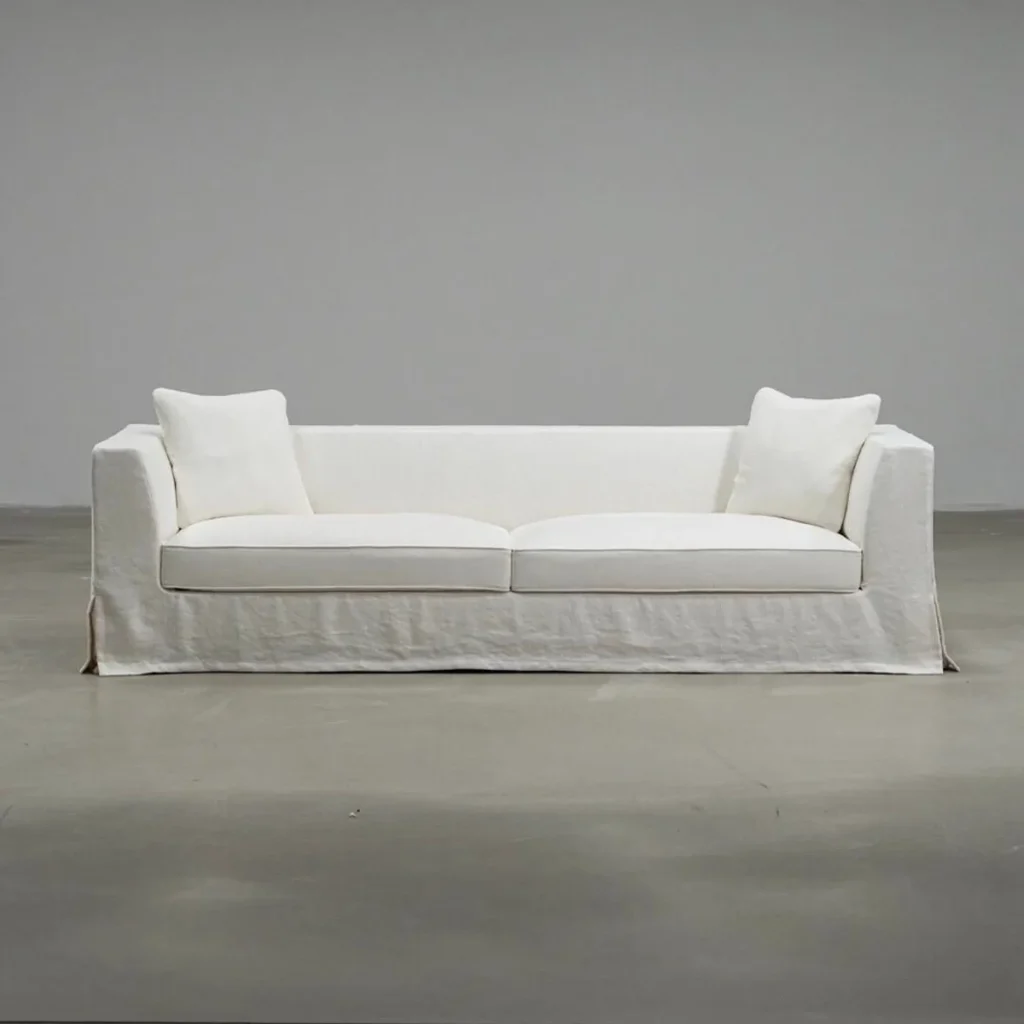 Pure Linen Slipcovered Sofa with Straight Arms and Floor Skirt — front view