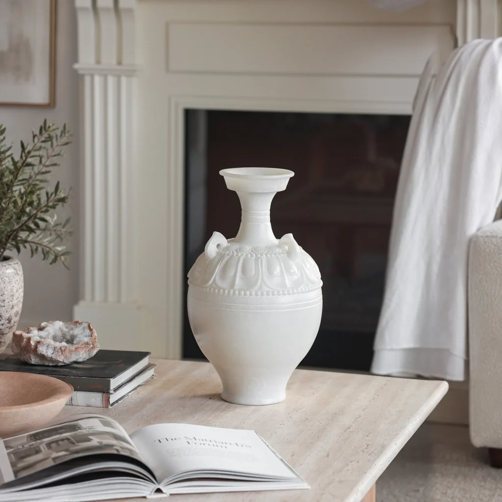 Rococo Tang Jade-Effect Relief Vase with Flared Neck in ivory — front view