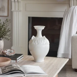 Rococo Tang Jade-Effect Relief Vase with Flared Neck in ivory — front view