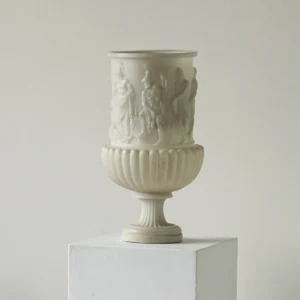 Roman Relief Urn Vase in Cream Resin, Tabletop — front view