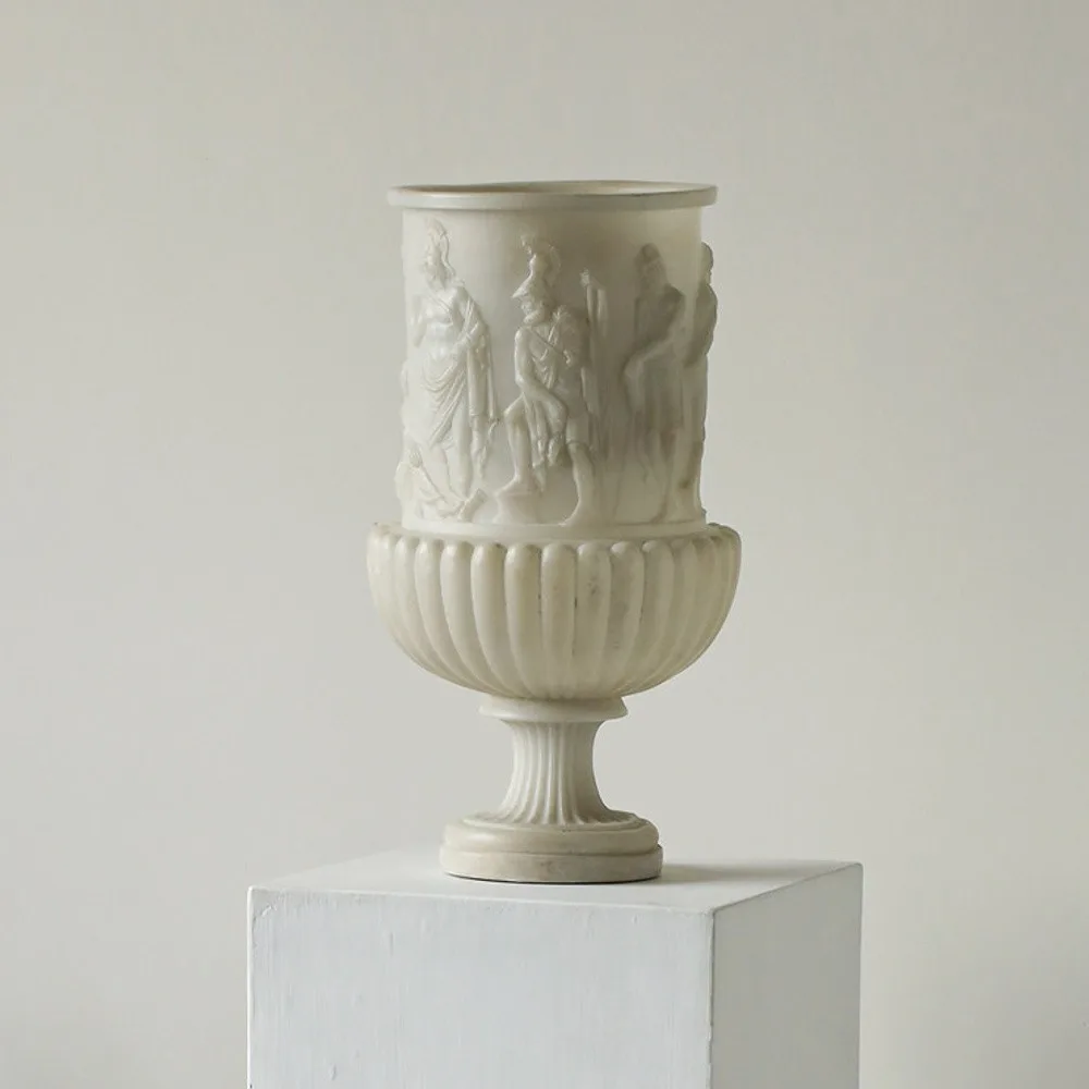 Roman Relief Urn Vase in Cream Resin, Tabletop — front view