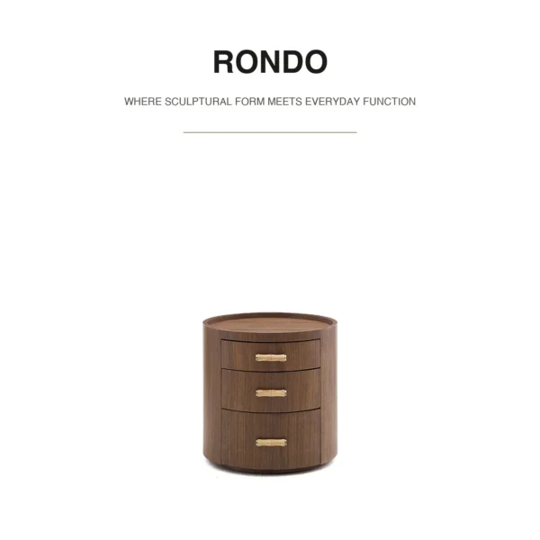 Rond Round Walnut Three-Drawer Nightstand in walnut — in a room setting