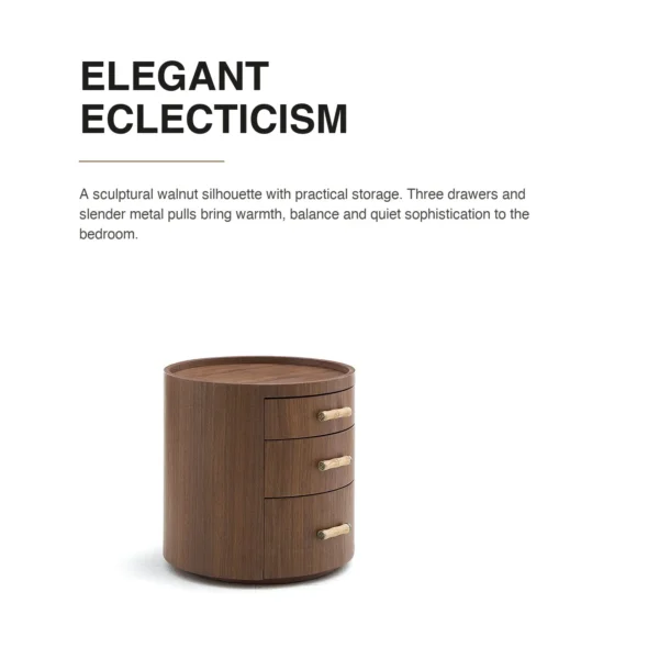 Rond Round Walnut Three-Drawer Nightstand in walnut — in a room setting