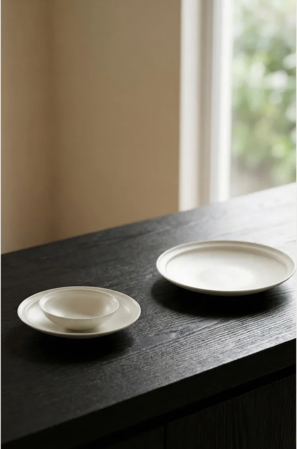 Artist Collaboration Lipped Flat Plates in oatmeal — in a room setting