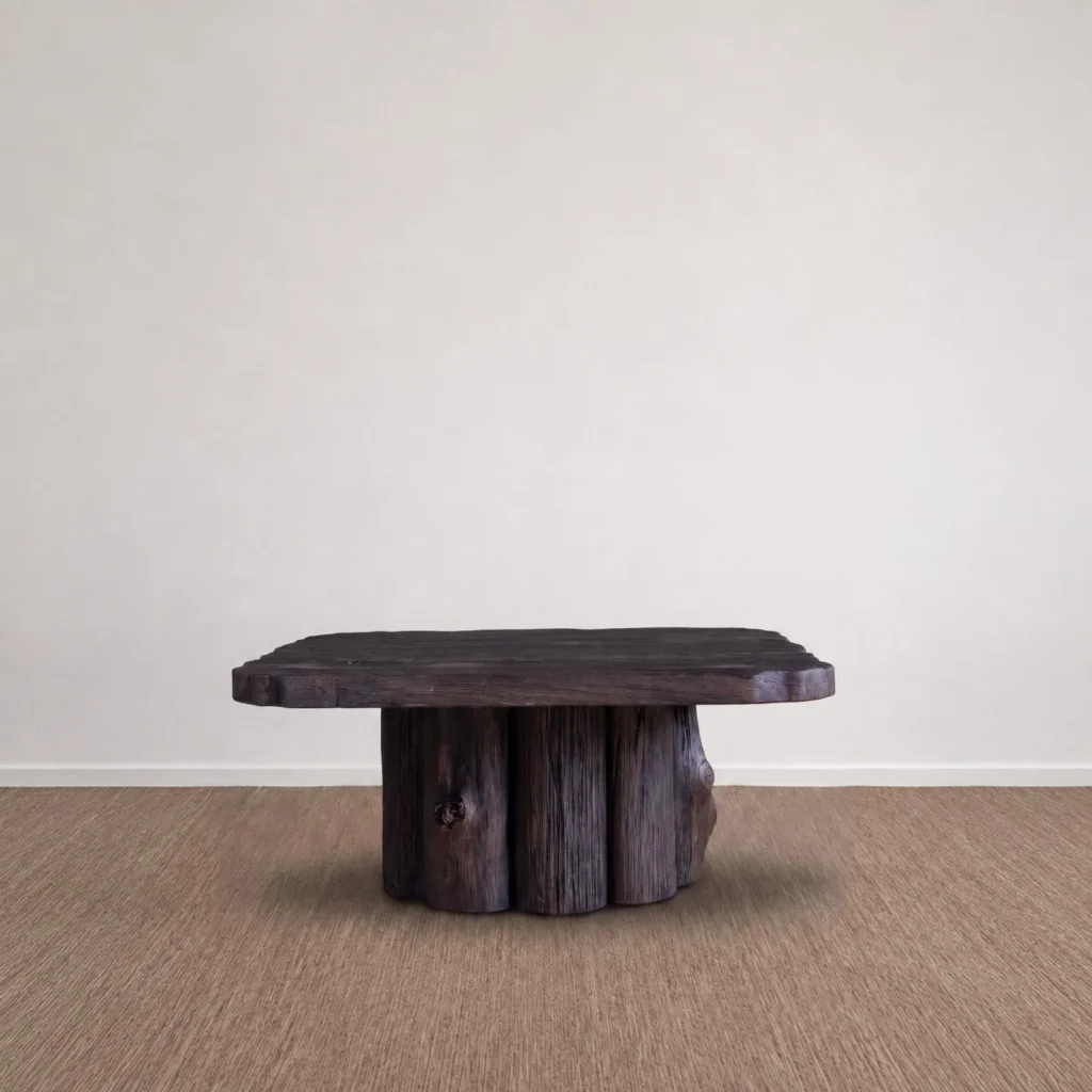 Root Live Edge Solid Wood Coffee Table on Tree Stump Base in clay — front view