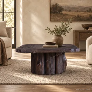 Root Live Edge Solid Wood Coffee Table on Tree Stump Base in clay — in a room setting