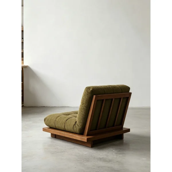 Roots Walnut Low Lounge Chair in Olive Grid-Tufted Fabric — in a room setting
