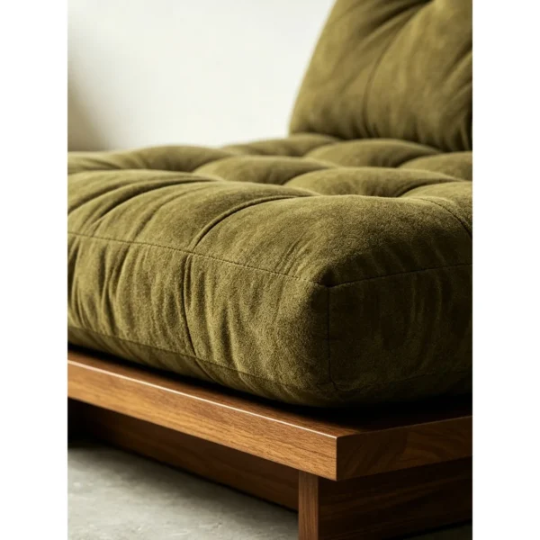 Roots Walnut Low Lounge Chair in Olive Grid-Tufted Fabric — in a room setting