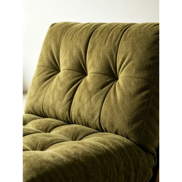 Roots Walnut Low Lounge Chair in Olive Grid-Tufted Fabric — in a room setting
