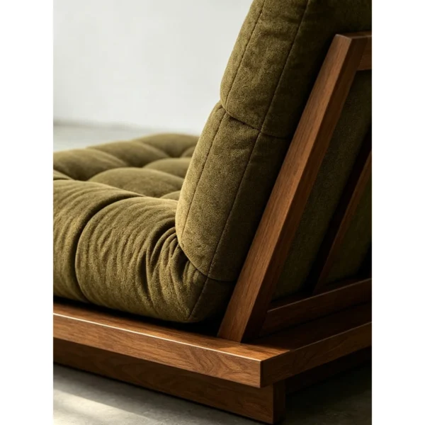Roots Walnut Low Lounge Chair in Olive Grid-Tufted Fabric — in a room setting