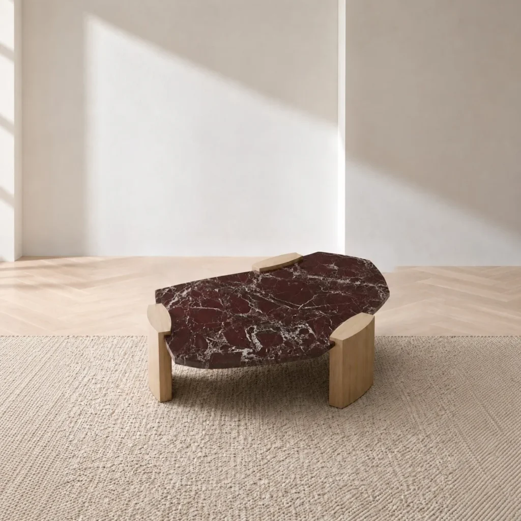 Rosso Levanto Marble Coffee Table on Light Wood Legs in burgundy — front view