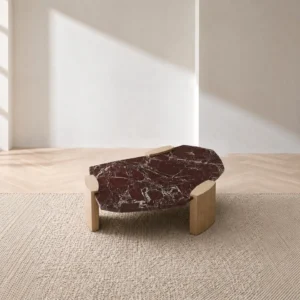 Rosso Levanto Marble Coffee Table on Light Wood Legs in burgundy — front view