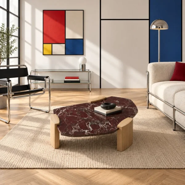 Rosso Levanto Marble Coffee Table on Light Wood Legs in burgundy — in a room setting