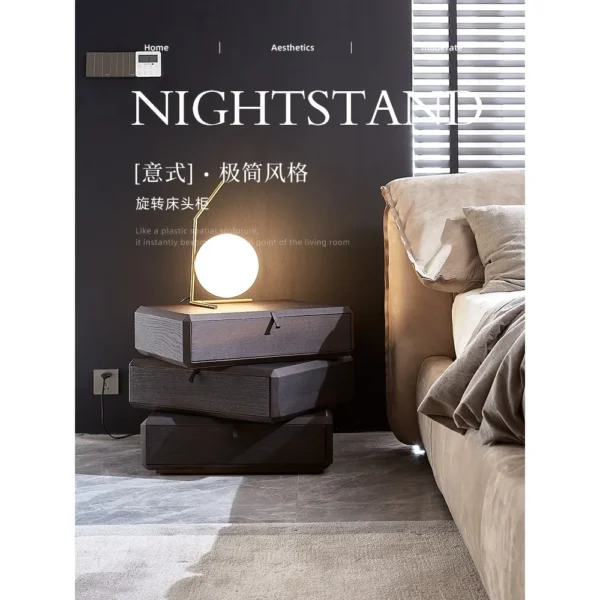 Rotating Three-Drawer Nightstand in Smoked Oak — in a room setting