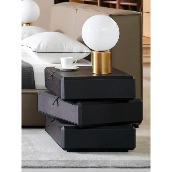 Rotating Three-Drawer Nightstand in Smoked Oak — in a room setting