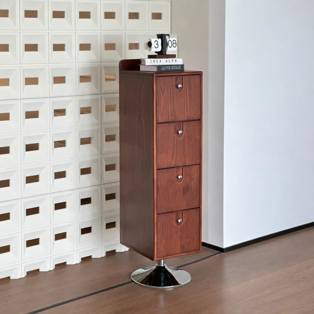 Rotating Ash Storage Column with Drawers and Magazine Rack in clay — front view