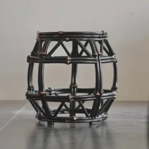 Round Dark Bamboo Drum Stool with Open Lattice in black — front view