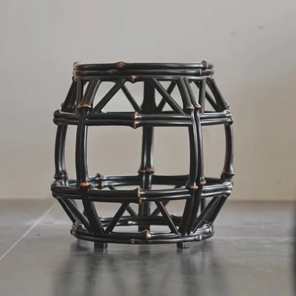 Round Dark Bamboo Drum Stool with Open Lattice in black — front view