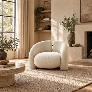 Round Collar Cream Bouclé Armchair on Solid Wood Frame in oatmeal — in a room setting